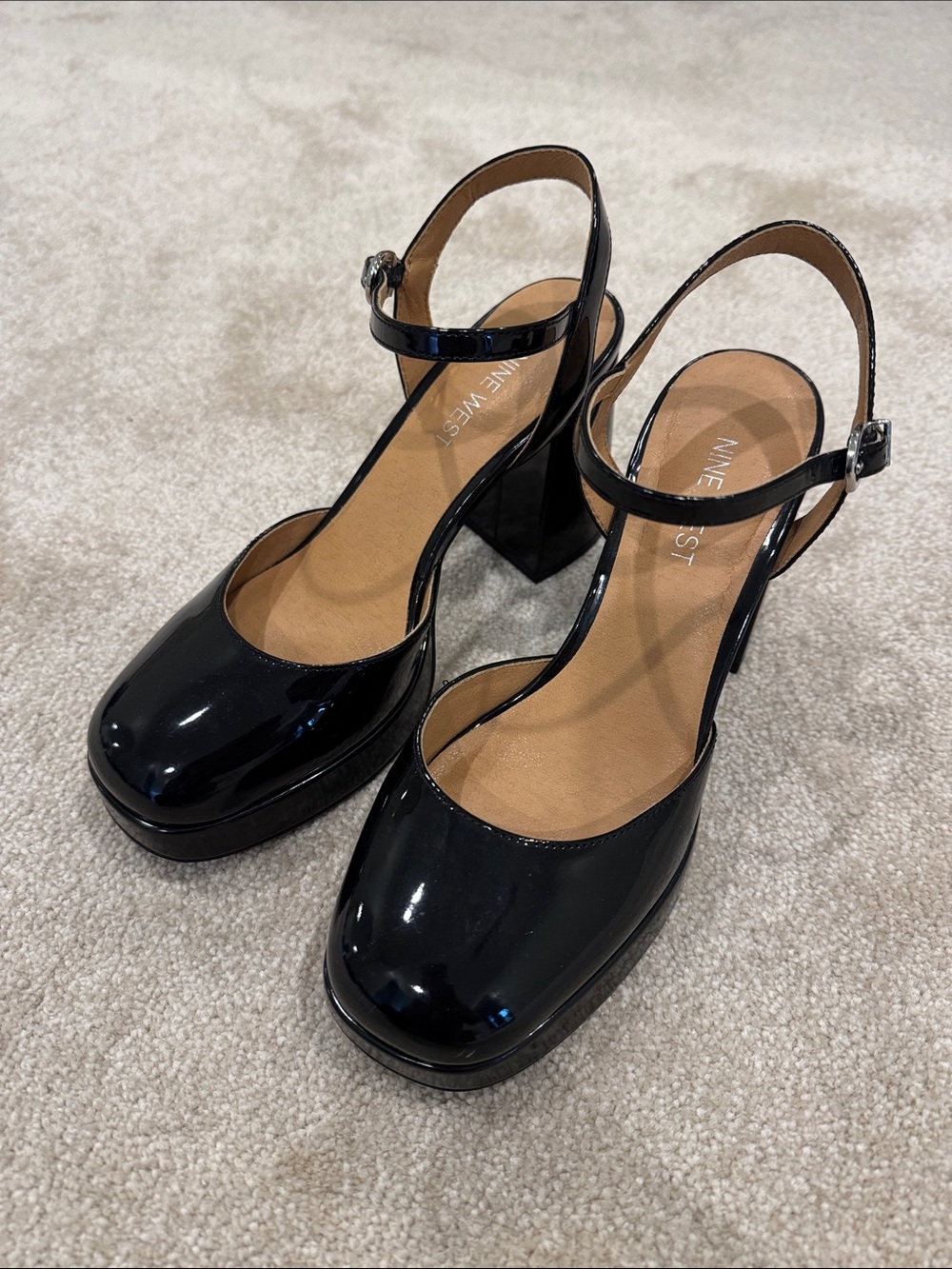 Nine West Black Patent Platform Mary Jane Block Heels